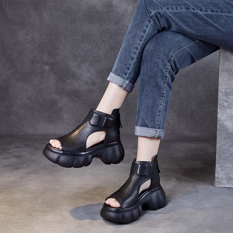 Spring and Summer First Layer Soft Leather Muffin Thick-soled Cool Boots High Heel Retro Casual Versatile Thick Heel Fish Mouth Sandals