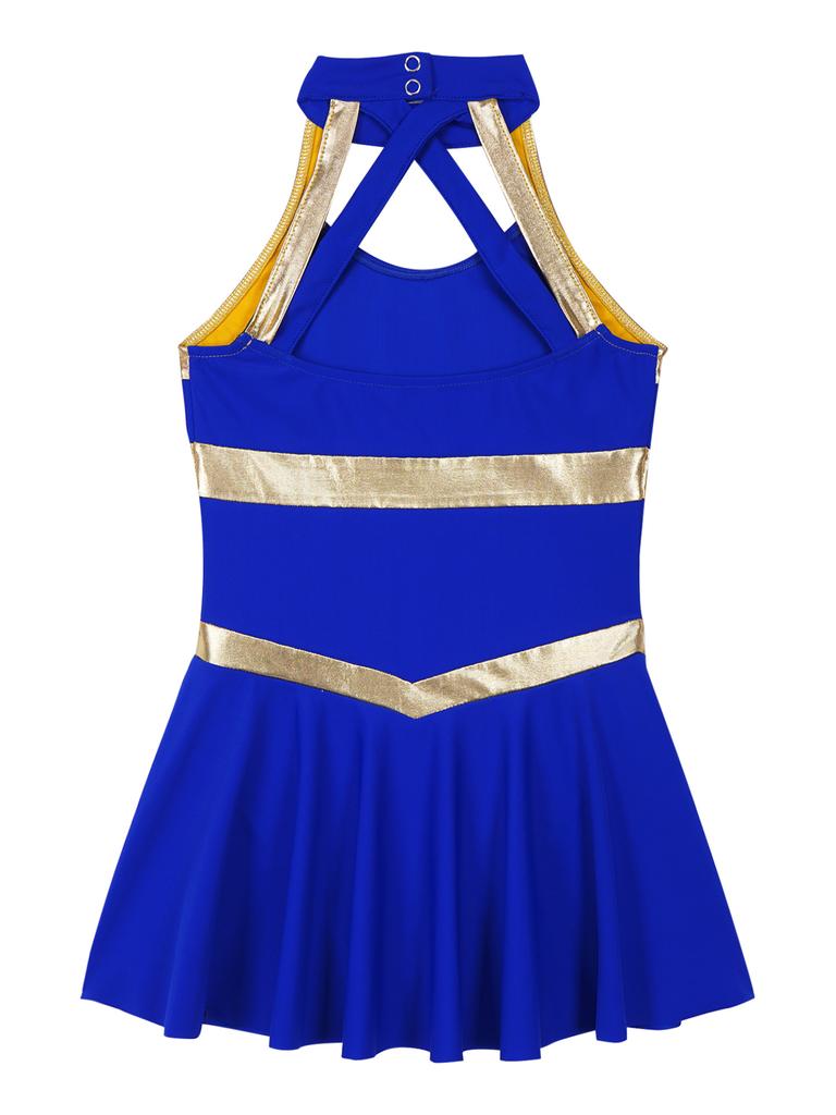 Kid Girls Cheerleading Skating Costume Hollow Back Pleated Dance Dress Stage Competition Dancewear Sport Meeting Team Uniform