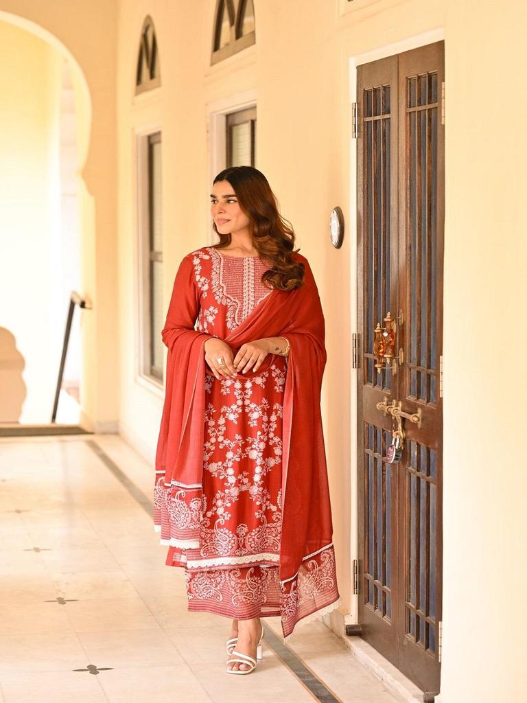 Women Red Kurta Set with Dupatta Printed Ethnic Suit Festive & Party Wear