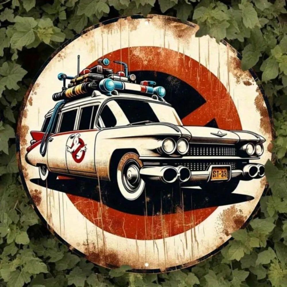 Cartello in Latta Metallica Vintage Ghostbusters Ecto 1 Tondo Impermeabile Decorazione Murale Pre-forato Bar di Casa Regalo Retrò