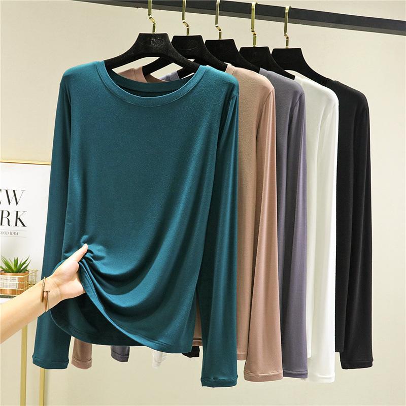 Damen Modal Langarm T-Shirt Rundhalsausschnitt Einfarbig Schmale Passform Basic Unterhemd Dünn Vielseitig Lässiges Oberteil