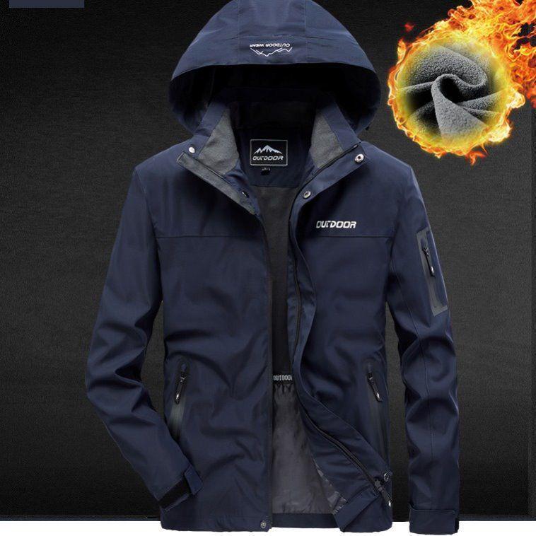 Men's Windproof Waterproof Fleece-Lined Jacket with Removable Hood for Autumn and Winter - Stain-Resistant Outdoor Mountaineering Outerwear.