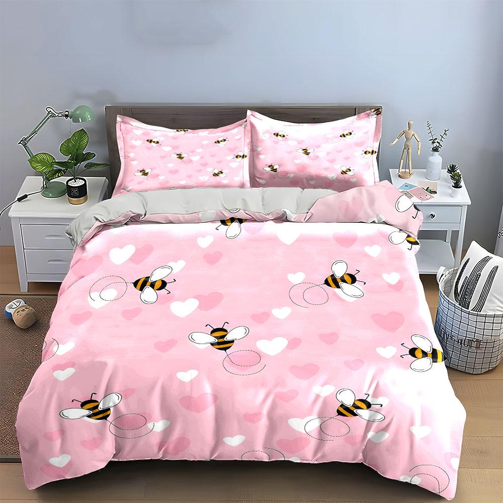 Bee and Heart Pink Pattern Bedding Duvet Cover Set (1*Duvet Cover 2*Pillowcases, without duvet insert)