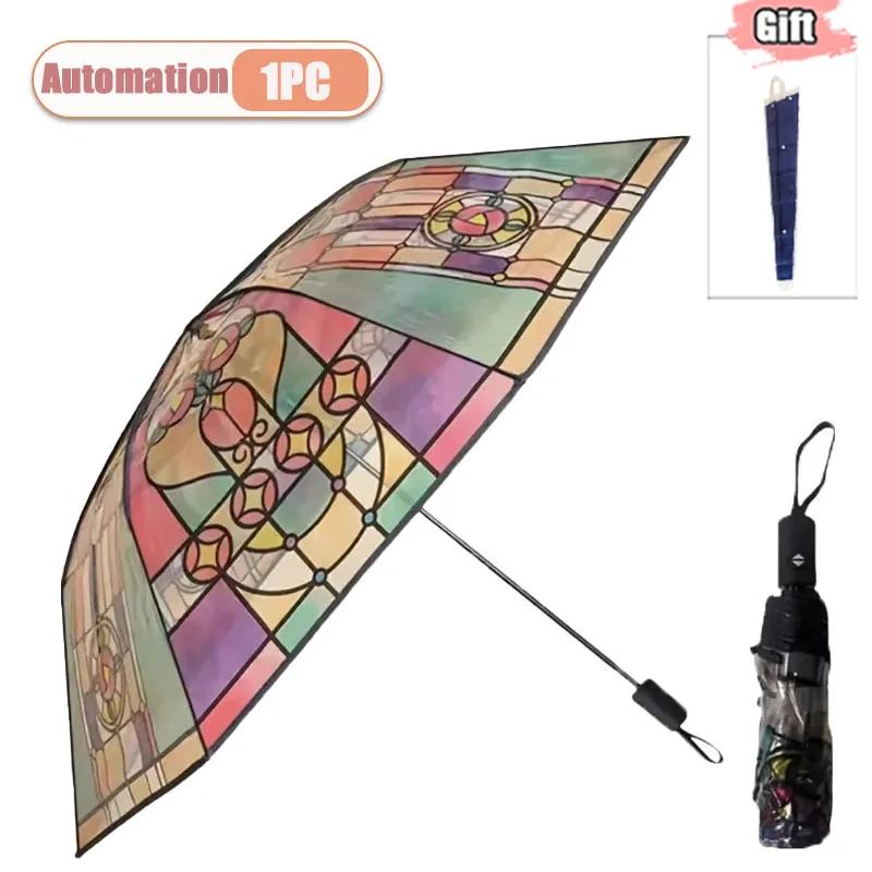 1/2/3PCS Hand-Painted Transparent Umbrellas Stained Glass Print  Long Handle Romantic Unisex Rain Sun Protection Parasol