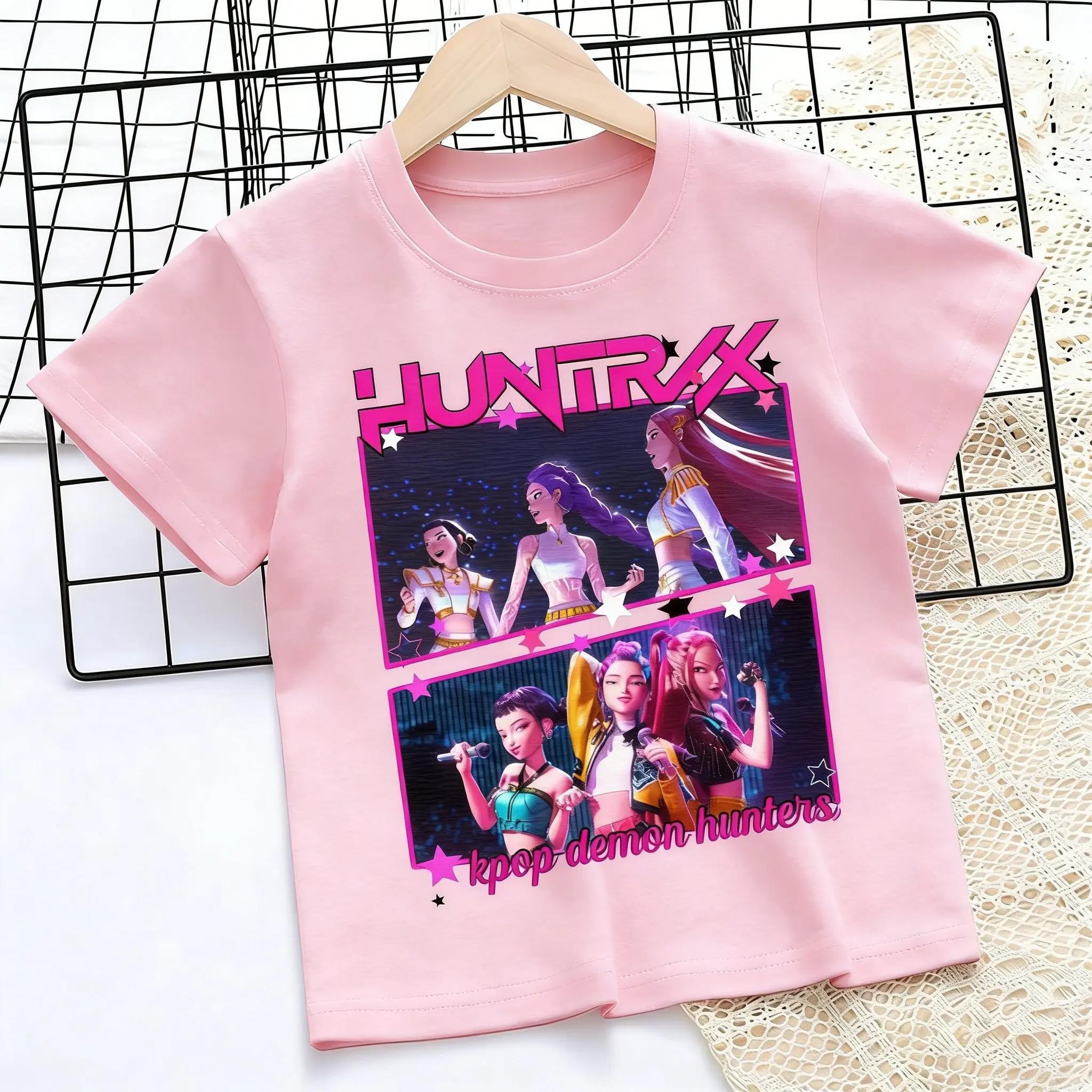 

HUNTRAX K-pop Охотники на демонов Детская футболка, Унисекс Графическая футболка с изображением виртуальной айдол-группы, Повседневная футболка с коротким рукавом для девочек, 100% хлопок 4XL