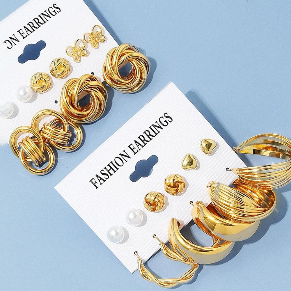 12 Piece Set Women Fashion Personality Versatile Simple Retro Gold Butterfly Love Heart Earrings Inlaid Zircon Earrings
