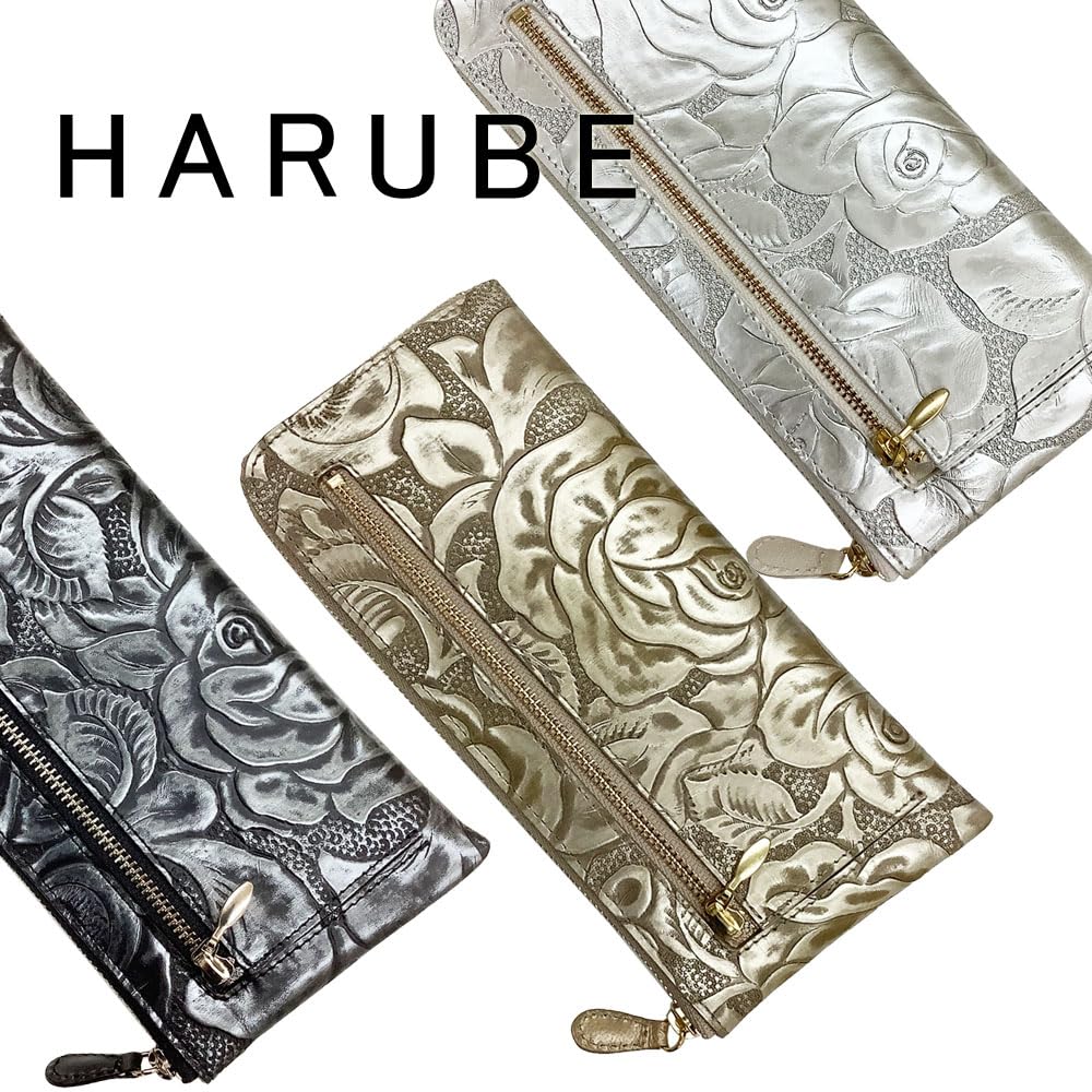 HARUBE Kyoto Naniwaya Slim L-Zip Long Wallet, Cowhide Leather, Rose Embossed, Women's, #83-157 [Metallic Rose] (Black)