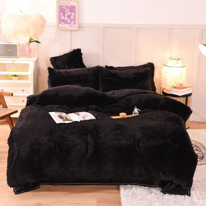 3/4PCS Winter Warm Plush Duvet Cover Pink Mink Velve+fluffy Flannel Quilt Cover Queen King Size Luxury Double Bed Bedding Set