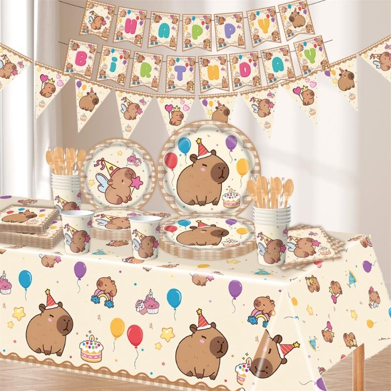 Party Decorations Set With Cartoon Capybara Design Paper Cups Dishes Hanging Flags For Indoor Outdoor Celebration