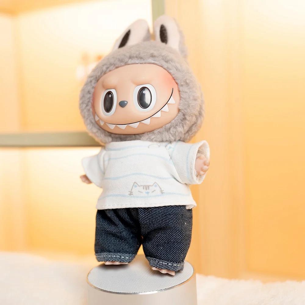 17cm Cute Mini Plush Doll's Clothes Outfit Accessories For Labubu Idol Dolls Striped T-shirt And Rolled Jeans Two-piece Set Gift