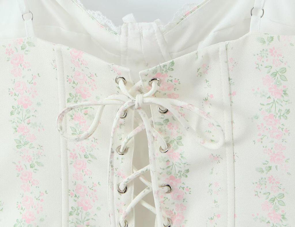 Traje Francés Dulce Floral 2026: Camisola con cordones y Falda de cintura alta
