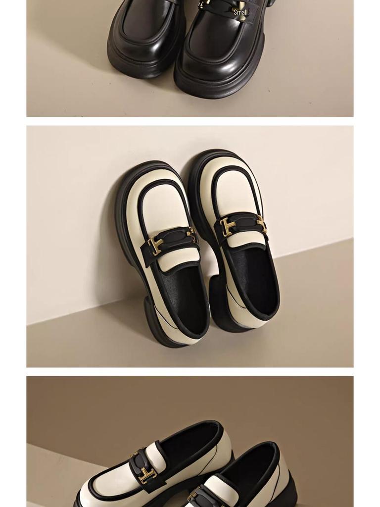 Qi Le 2024 Women's Spring/Summer Round Toe Chunky Heel Leather Loafers