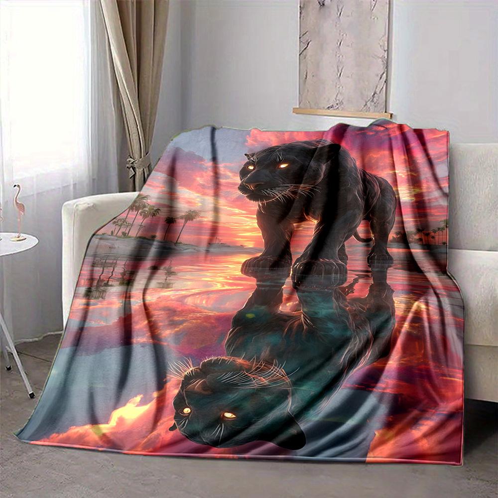 1pc Panther Reflection Sunset Blanket Lightweight Flannel Blanket Throw Blanket For Sofa, Bed, Travel, Camping, Livingroom, Office, Couch, Chair, And