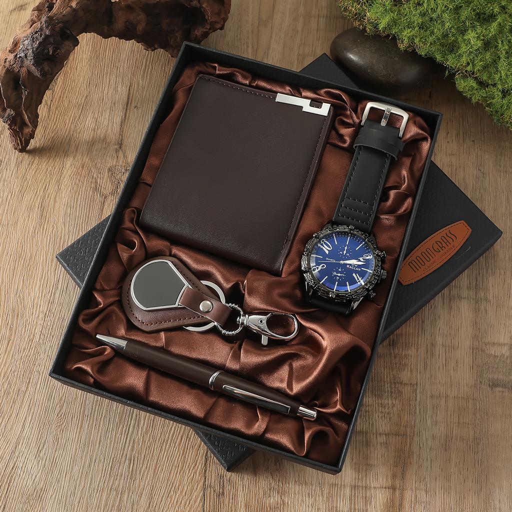 Men's New Black Large Dial Business Watch   Wallet   Pen   Keychain 4-piece Set Gift Box Set