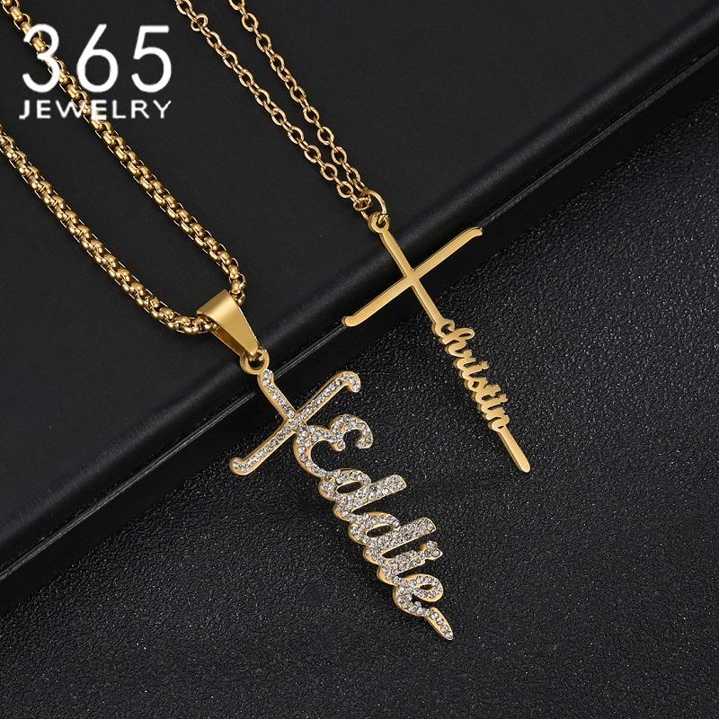 Stylish Cross Custom Name Pendant Zirconia Stainless Steel Letter Necklace Classic Jewelry Women Men Year Party Wishes Gift