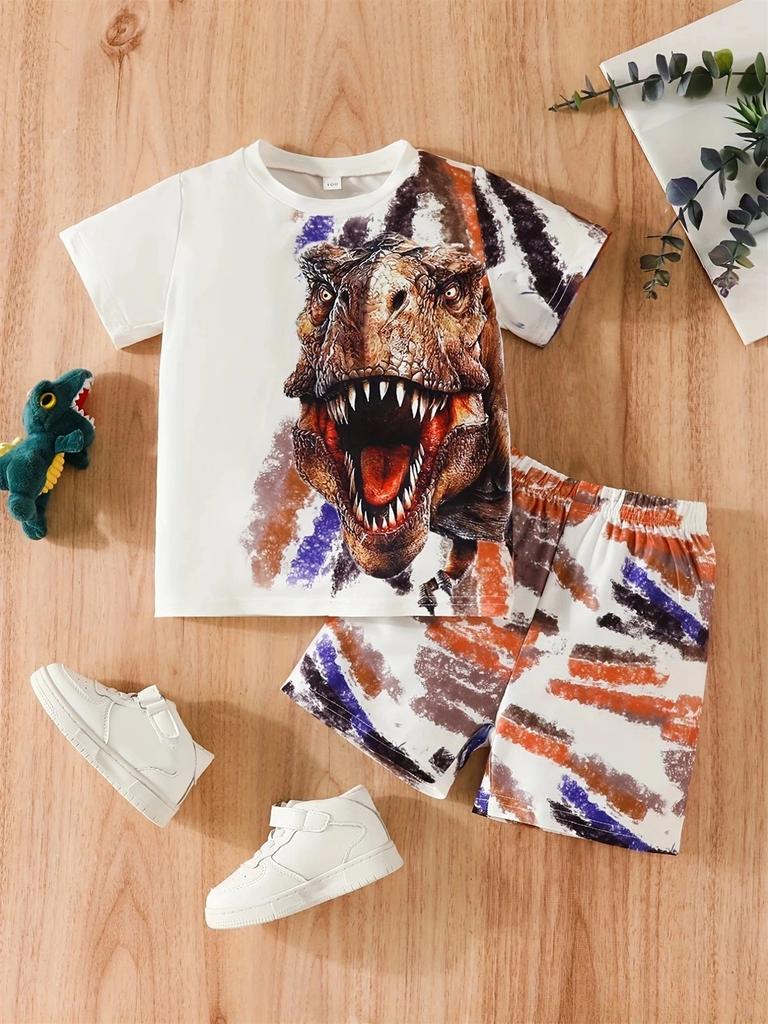 Summer Round Neck 3D Printed Dinosaur Pattern Set Fashionable and Casual Short Sleeved Shorts Children's Boy and Girl Unisex Clothing Set