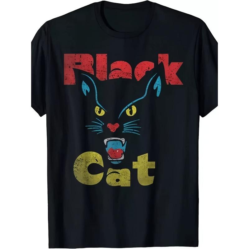 

European sizes Retro Black Cat Vintage 70s Style Aesthetic Tee T-shirtSame Style for Men and Women 2025 Summer Short-sleeved Printed T-shirt 4XL чорний
