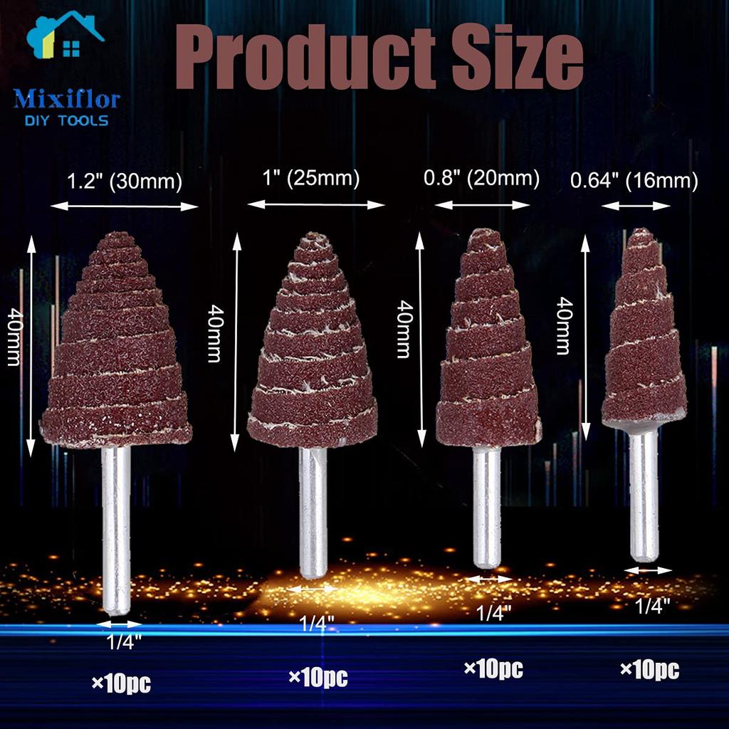 40 Pack 1/4" Shank 80 Grit Cone Shape Abrasive Sandpaper Flap Sanding Wheel Grinding Head Rotary Tool for Grinding and Polishing on Surface and Side
