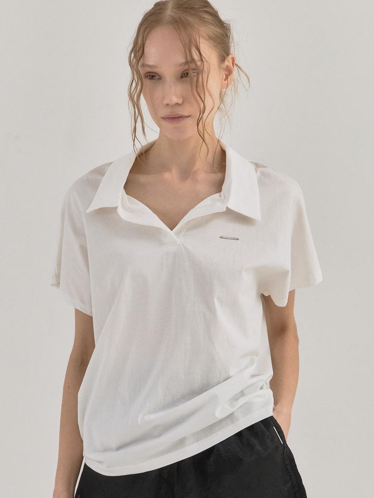 SORRY, TOO MUCH LOVE Relaxed Fit Open Placket Polo Top_White
