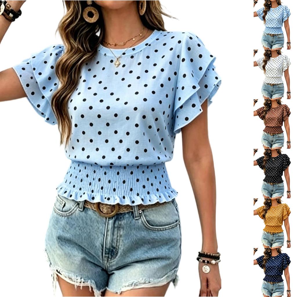 Women's Short Sleeve Polka Dot Print T-Shirt Round Neck Smocked Waist Casual Top Lightweight Summer Blouse