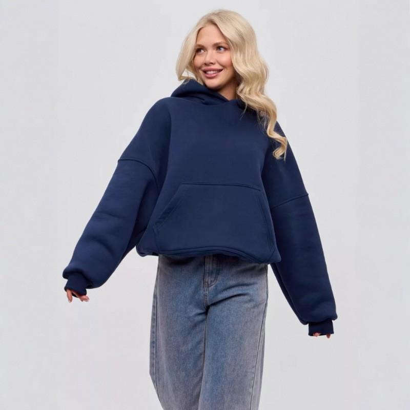 Womens Solid Color Hooded Sweatshirt Loose Fit Fleece Pullover Teens Casual Wear
