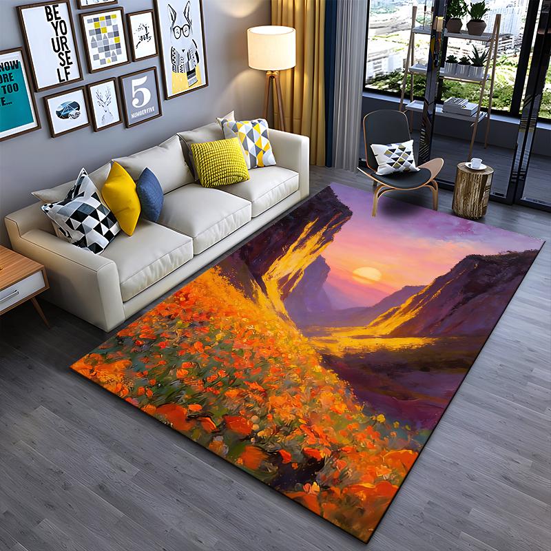 Sunset Landscape Carpet with Orange Flowers and Mountain View Design Suitable for Use As an Anti-slip for Living Room Bedroom Sofas
