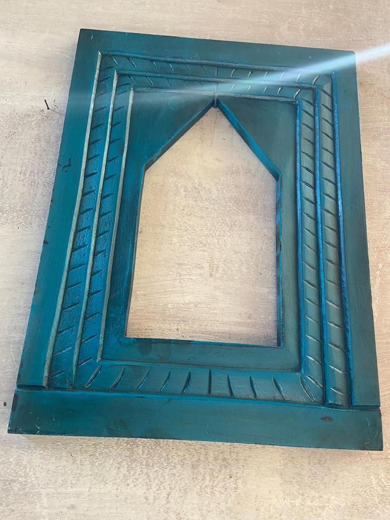 Blue Painted Wood Wall Frame: Carved Floral Indian Art Decor