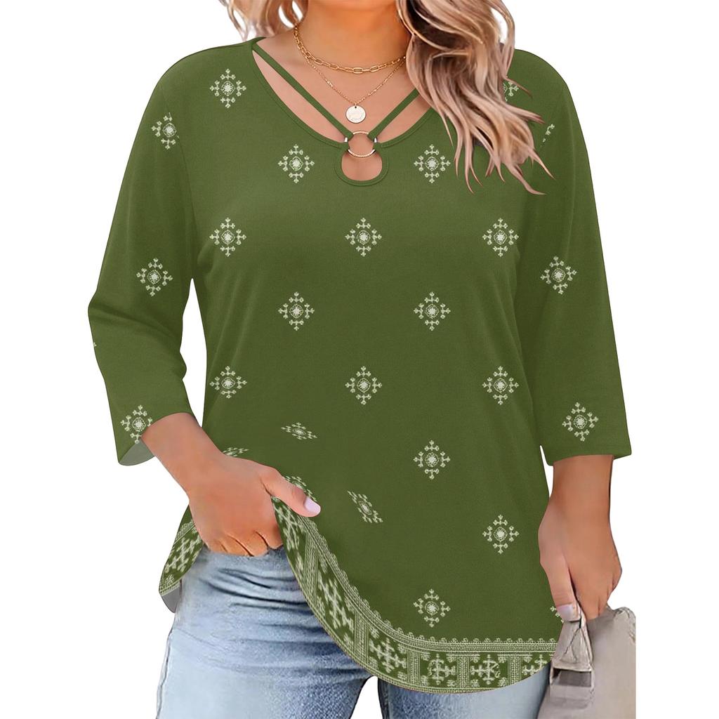 Blusa Floral Feminina Plus Size com Manga Três Quartos, Blusa Casual, Túnica de Corte Amplo para Primavera Verão, Uso Diário, Trabalho e Saídas