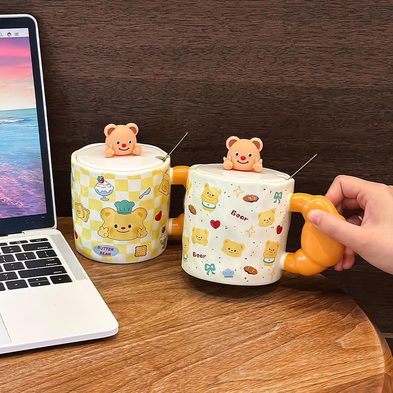 Söt Liten Björn Mugg med Lock Sked Högt Seende Flicka Sovsal Dricksvattenkopp Keramisk Kontorskaffekopp