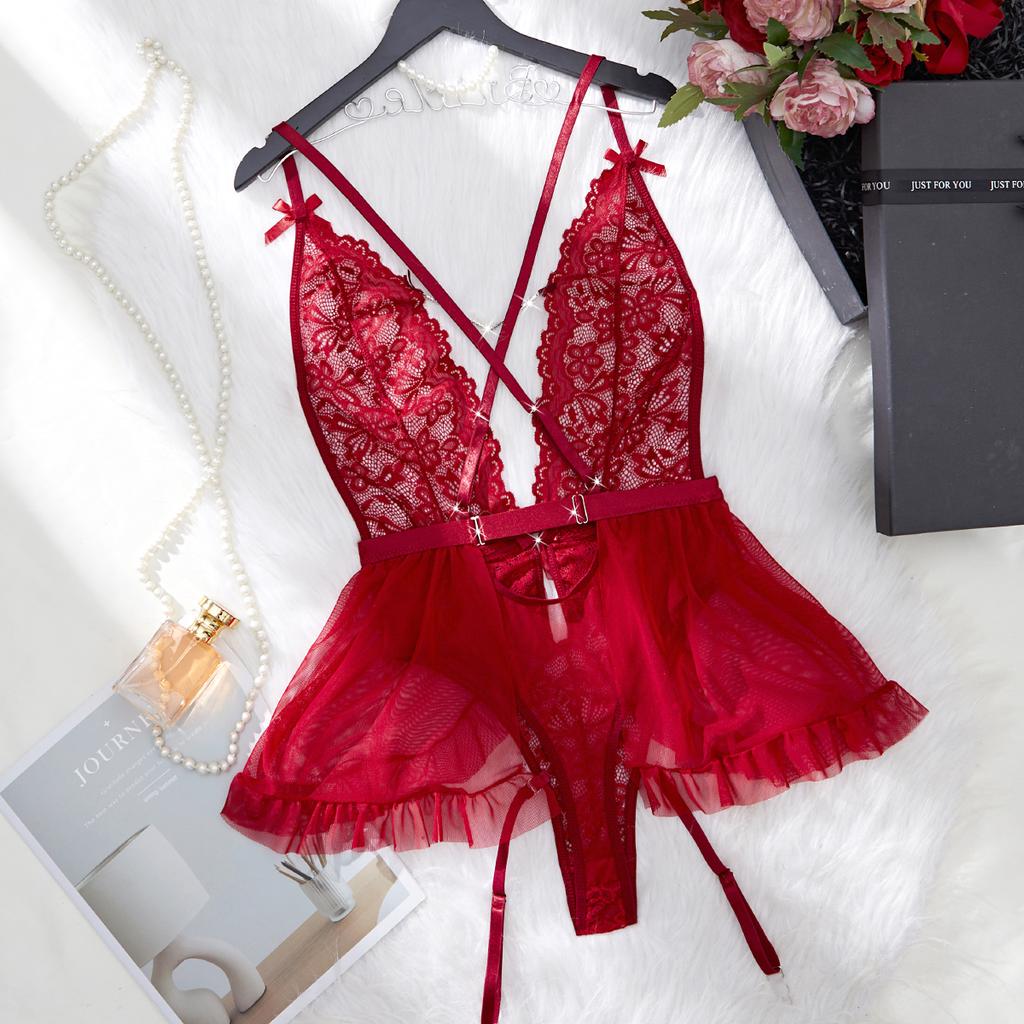 Ruffled Splicing Lace Mesh Chain Sexy Lingerie Transparent Backless Shapewear One-Piece Women's Underwear Sets Erotic Pyjamas