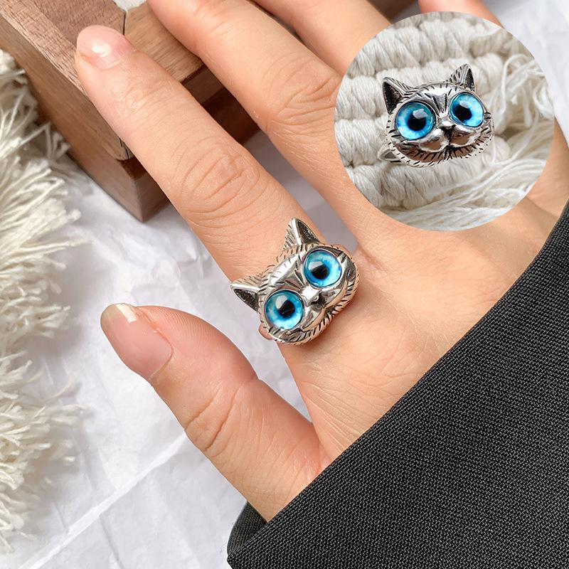 Retro Modrý Kočičí Prsten pro Ženy Gotický Slitina Zinku Sterlingová Slitina Zinku Nastavitelný Prsten Roztomilé Kotě Zirkon Trendy Unisex Doplňky Dárek