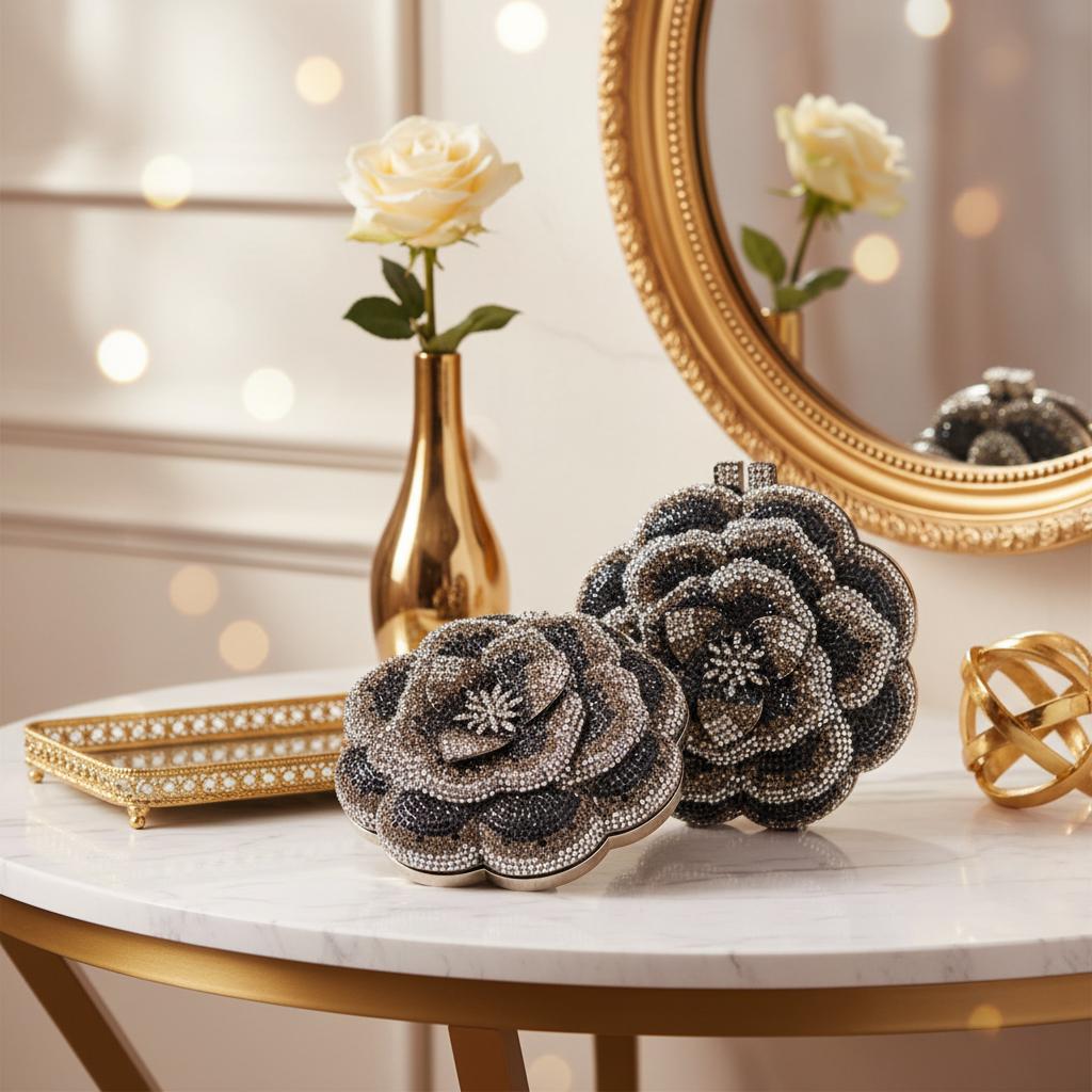 High Quality Handmade Alloy Flower Rhinestone Evening Clutch with Magnetic Clasp for Women's Wedding Banquet Luxury Dinner Bag