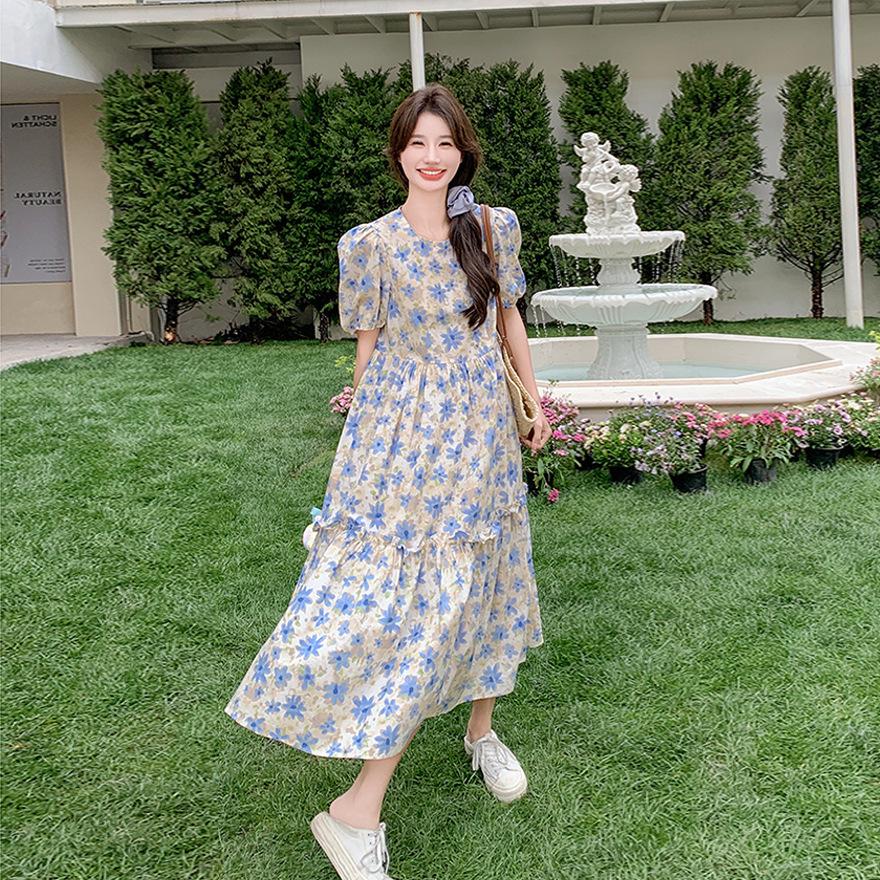 Bubble Sleeve Floral Dress Women's Summer New Fungus Edge Loose Small Long A-shaped Dress