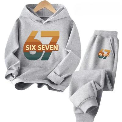 Neues bedrucktes Kapuzensweatshirt mit Sweatpants im 67er Muster für Herbst und Winter, Bequemes und lockeres 2-teiliges Set für Kinder