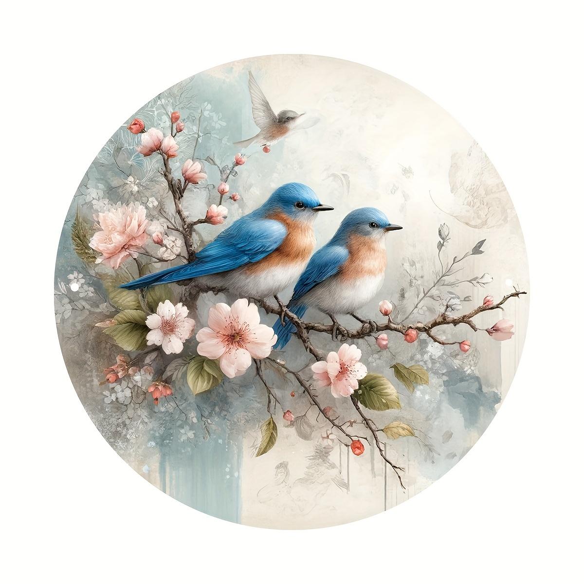 X Inch Round Aluminium Metal Sign Birds on Cherry Blossom Branch Home Bedroom Living Room Garden Study Balcony Decor 20x20cm(8x8inch)