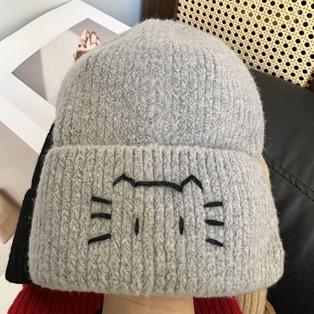 Embroidered Kitten Cute Cat Knitted Hat Warm Printing Knit Cap Retro Knit Beanies  Girls