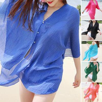 Stylish Bikini Cover Up V-neck All-matched Cool Casual Bright Color Sunscreen Dress for Hot Day