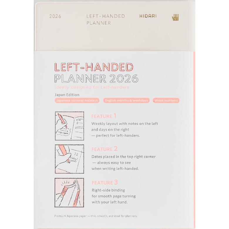 HIDARI Left-handed planner 2026 Japan edition, monthly and weekly, Jan 2026-March 2027, 5×7  (Navy) слоновая кость