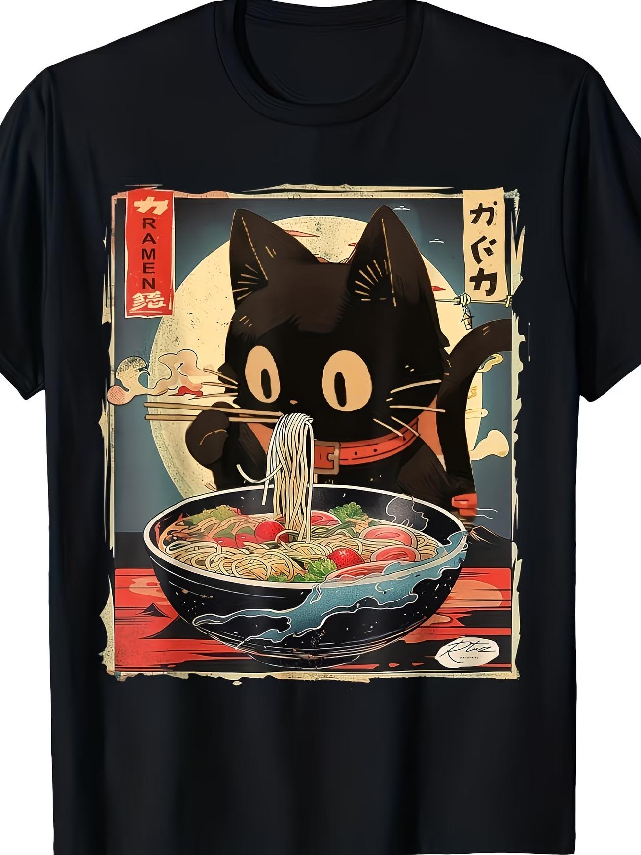 Black Cat & Sushi Kawaii T-Shirt - Cute Anime Sushi Roll & Cat Print, Soft Stretch Round Neck Summer Top, Casual Theme Outfit S