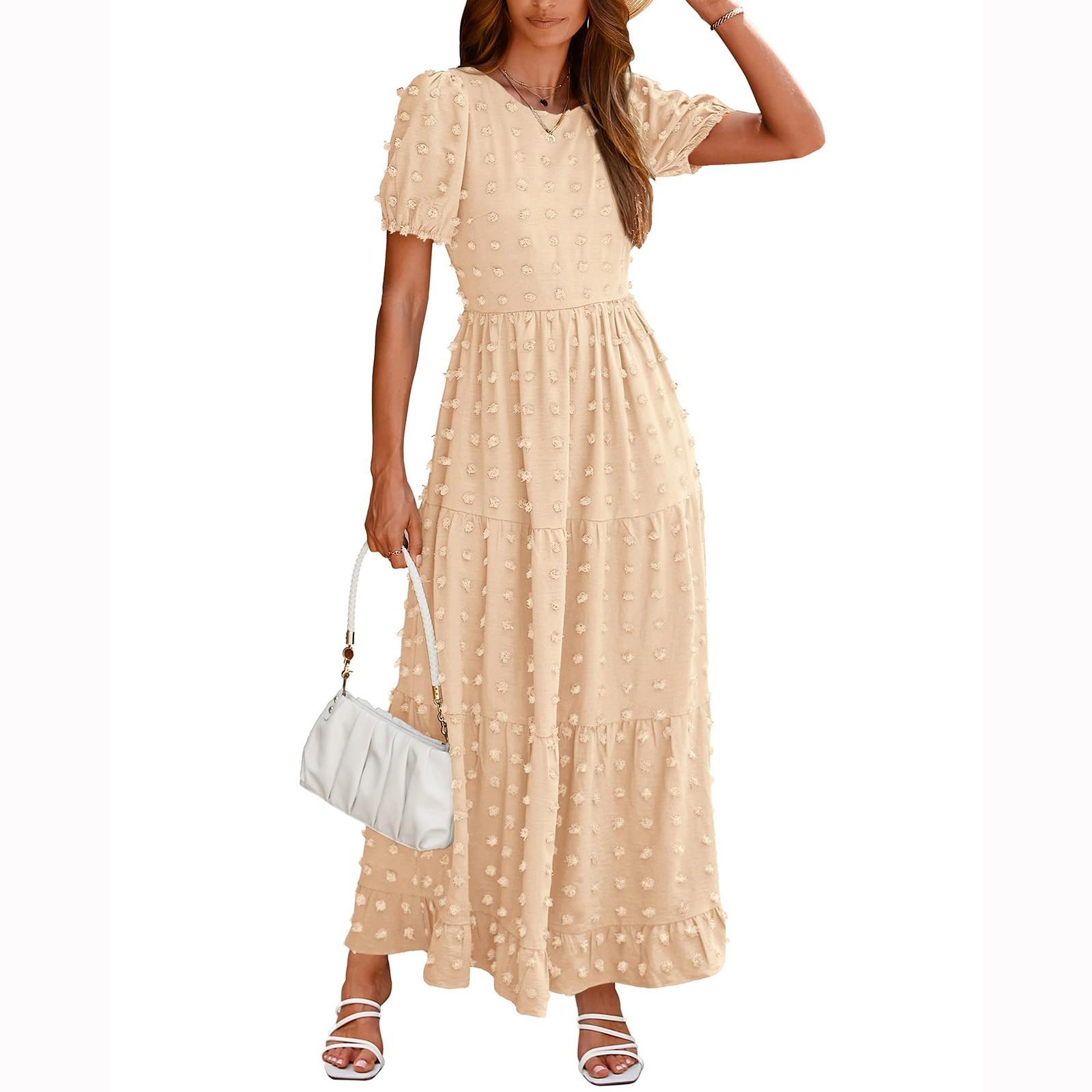 

Женское однотонное богемное платье макси, повседневное многослойное платье с короткими рукавами и рюшами