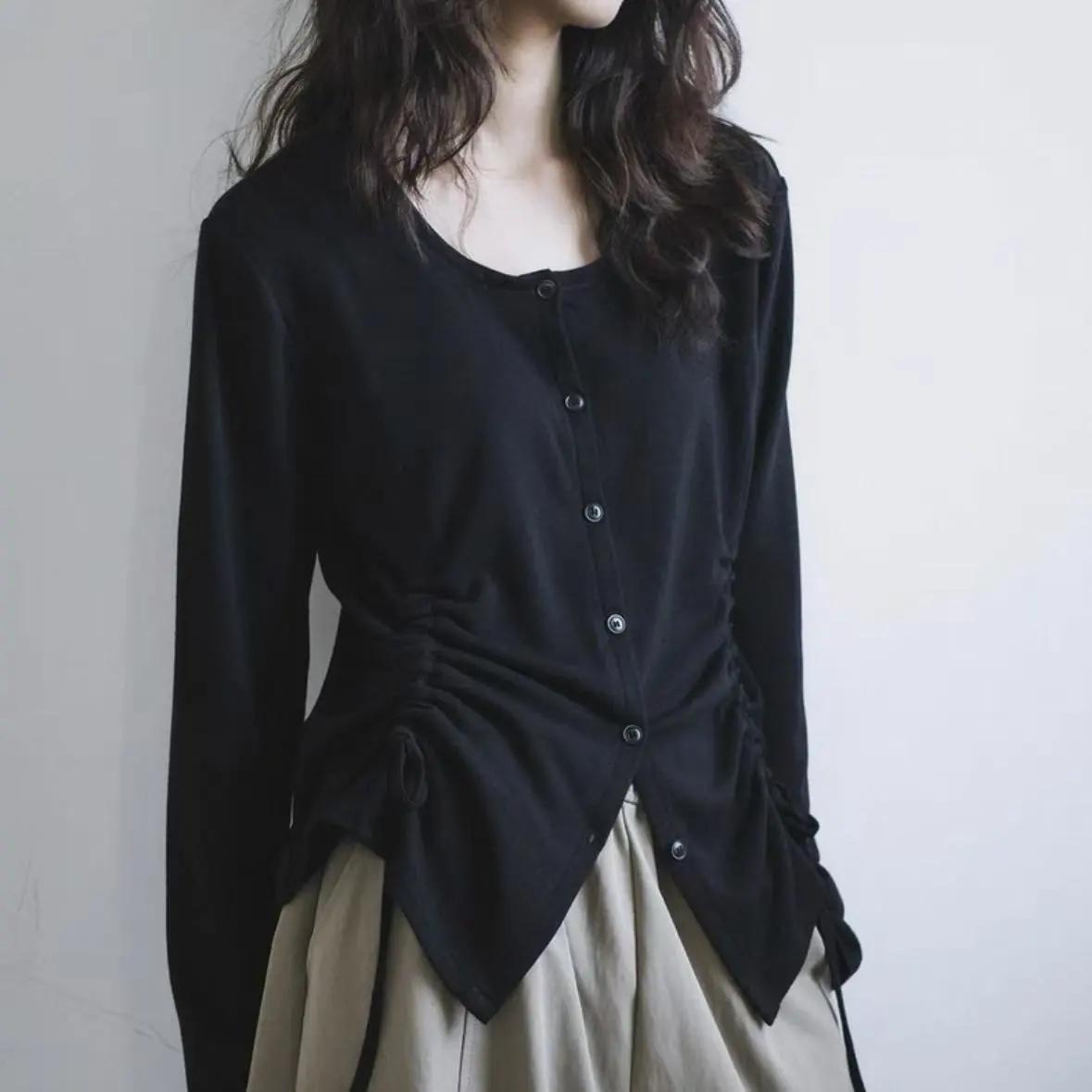 Women S Black Slim Fit Pleated Cardigan For Spring S чёрный