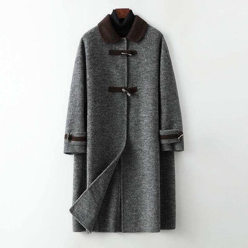 

Двустороннее кашемировое пальто женское средней длины новое модное высококачественное шерстяное пальто с роговой пуговицей L темно-серого