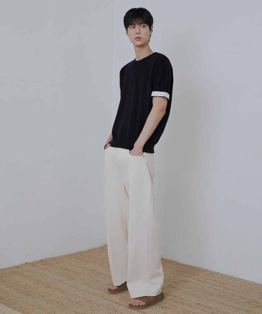 NODU Layered Color Block Round Cropped Half Knit [Black]