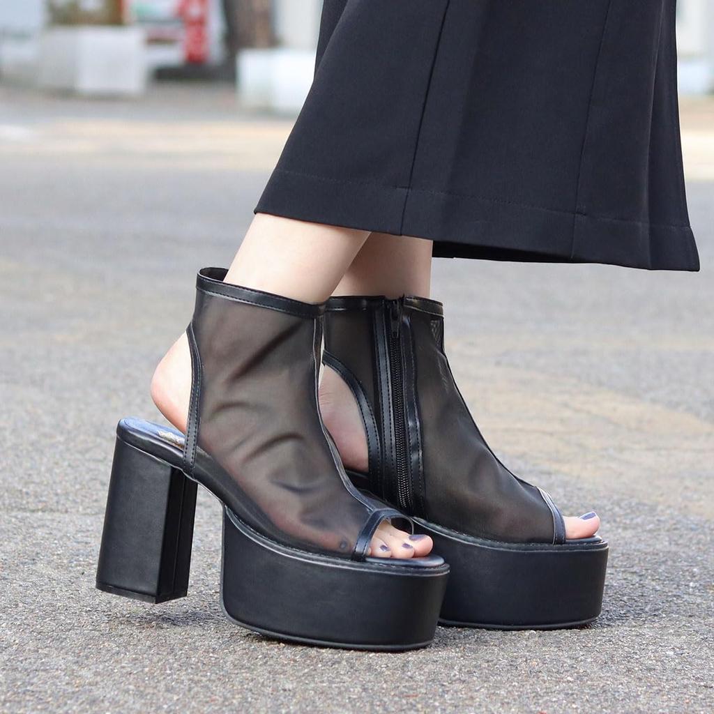 Love Hunter 1590 Damen Sandalen mit durchsichtigem Tüll und Plateauabsatz, 10,5 cm Absatz, eckige Zehenpartie, Schwarz, Klein, Größe 2E