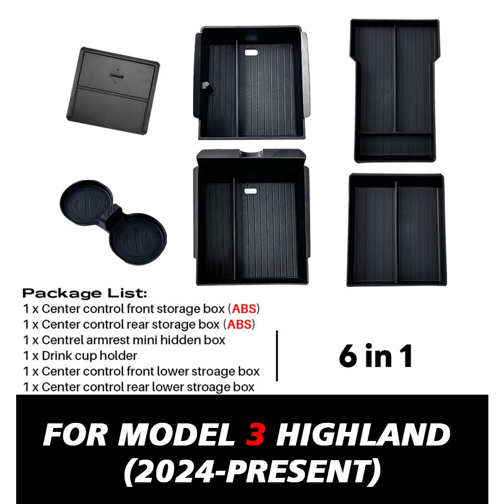for Tesla Model 3 Highland 2024 Console Armrest Storage Box Interior Organizer ABS Rubber Pad or Flocking