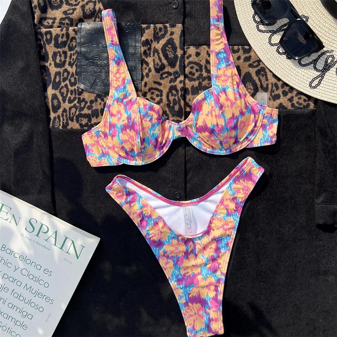 

Новый принтованный бразильский бикини на косточках со средней талией, женский купальник, женский купальник, комплект бикини из двух частей, купальный костюм M