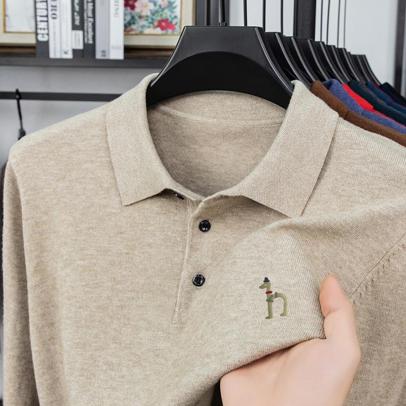 

Men s Lapel Pullover Knitwear Quality High End Solid Color Dog Print Sweater Fashion Business Office Menswear L