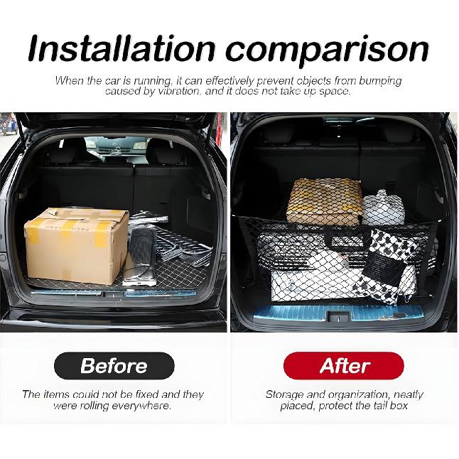 Car Rear Cargo Net, Double-Layer Adjustable Stretchable Elastic Storage Organizer Net, Trunk Cargo Storage Mesh Net With Hooks, Car Interior