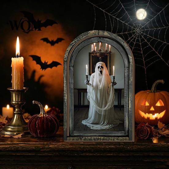 Rustic Wood Halloween Sign Arched Wooden Wall Decor, Ghost Cat Hanging Ornament, Distressed Gothic Waterproof Art Tabletop Decor Plaque, Spooky
