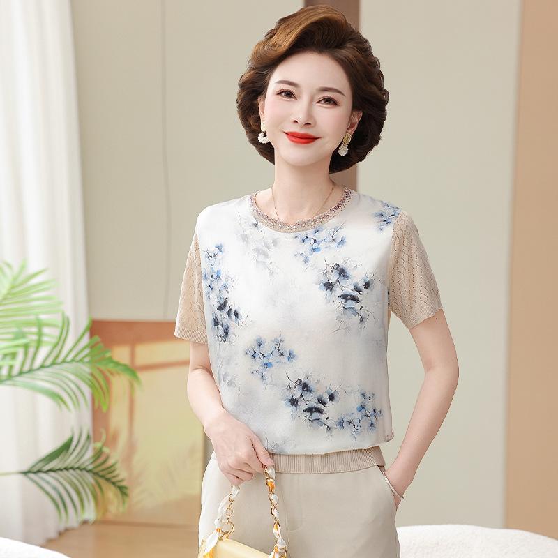 

2026 Stylish Printed Round Neck Short Sleeve Silk T-shirt - Summer Slimming Loose Fit L (130-145 jin)